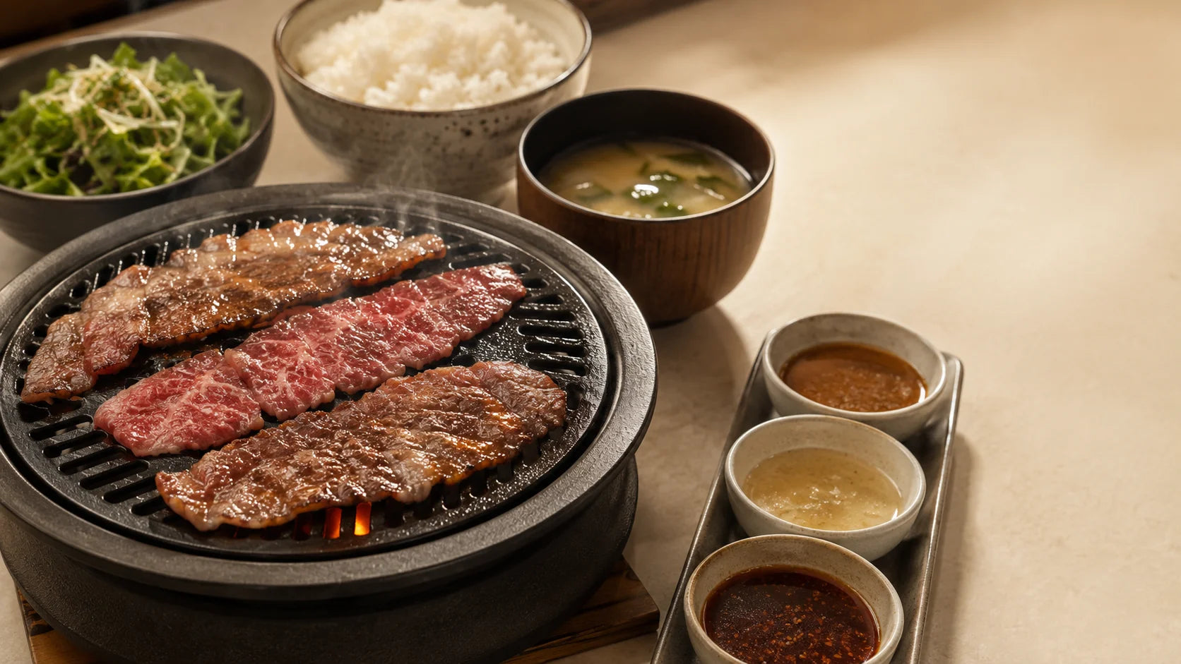 Thinly sliced beef sizzling on a personal SETTO tabletop grill