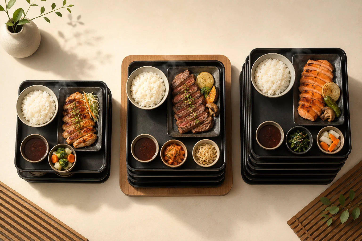 Three stacks of SETTO meal trays
